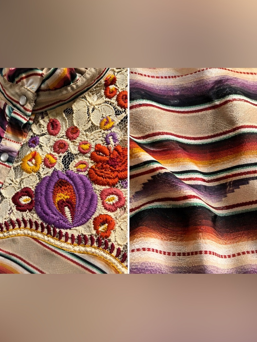 Double D Ranch Santa Rita Blouse Western Pearl Snap Serape Embroidered Boho Top - Picture 3 of 16